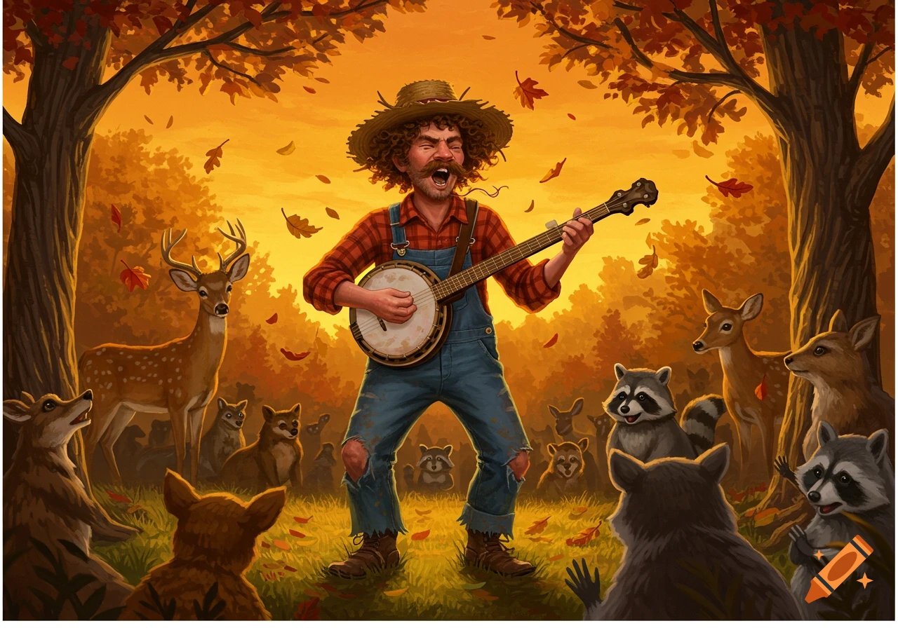 A cartoon hillbilly man with curly hair and a mustache sings and plays a banjo in an autumn forest, surrounded by deer and raccoons.