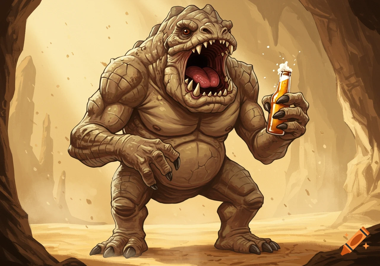 A large, brown Rancor monster roaring and holding a beer bottle in a desert cave.