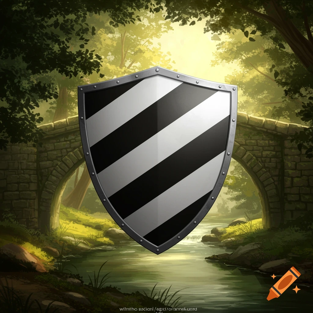 A black and white striped shield floats above a stone bridge spanning a river in a lush, sunlit forest, in an illustration style.