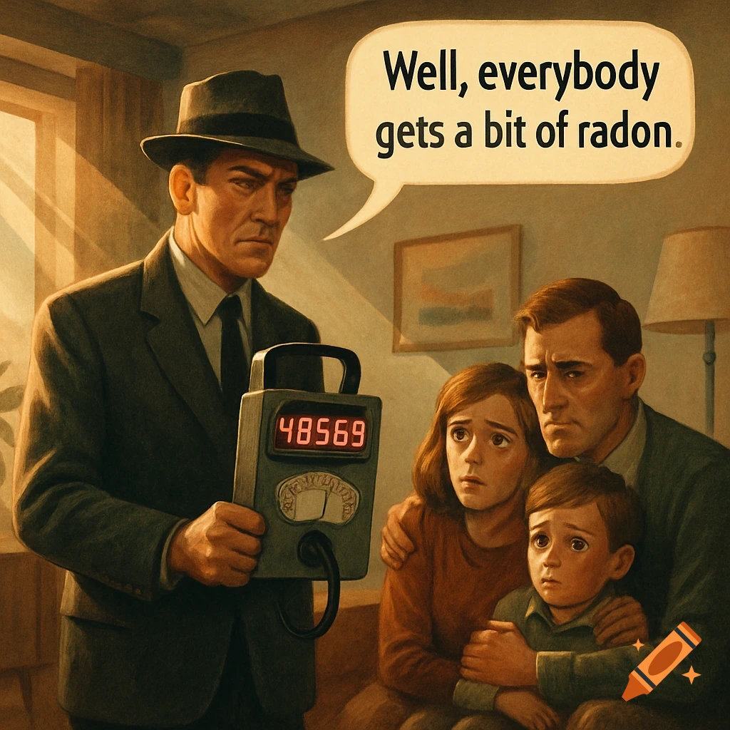 An inspector in a suit holds a geiger counter with a high reading in front of a worried family in a vintage-style illustration. A speech bubble reads, "Well, everybody gets a bit of radon."