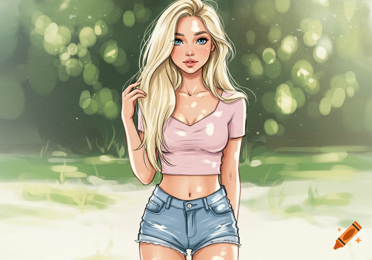 Illustration of a blonde woman in a pink crop top and jean shorts, standing outdoors with a green, blurry background.