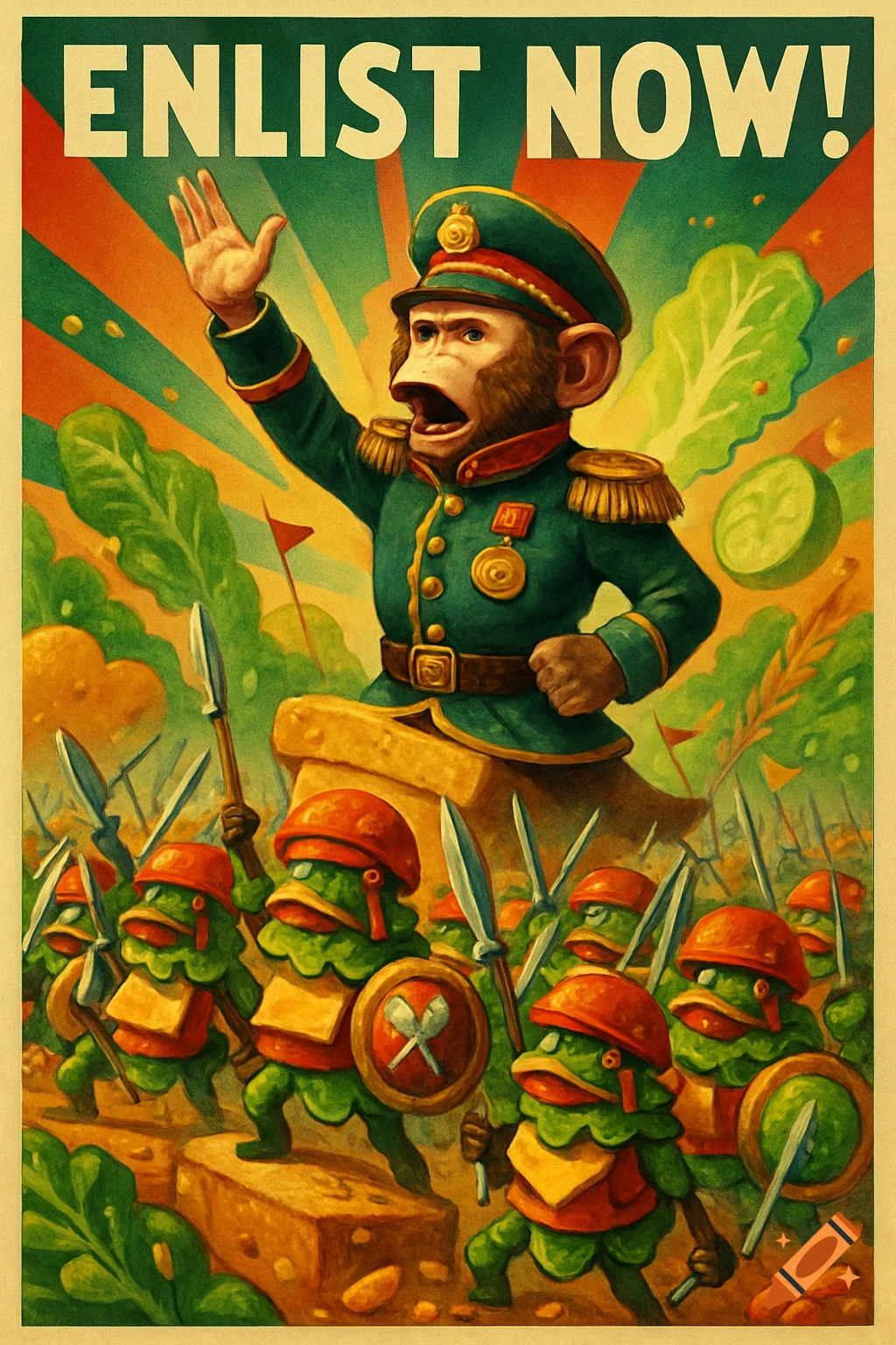 A vintage-style recruitment poster depicts a commanding monkey general rallying an army of lettuce-like warriors. Bold text at the top reads 'ENLIST NOW!'.
