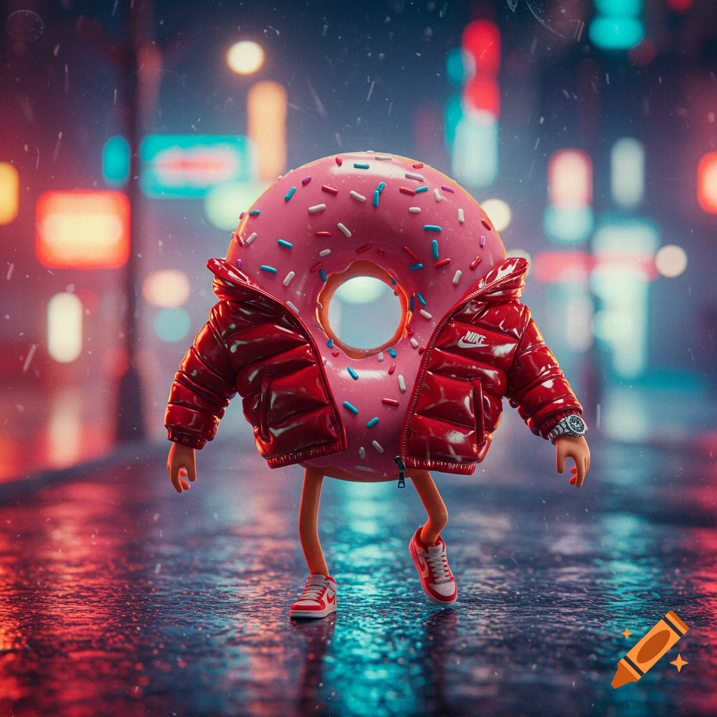 An anthropomorphic pink donut with sprinkles wearing a red Nike puffer jacket, a watch, and red sneakers, walking on a wet city street at night under neon lights.
