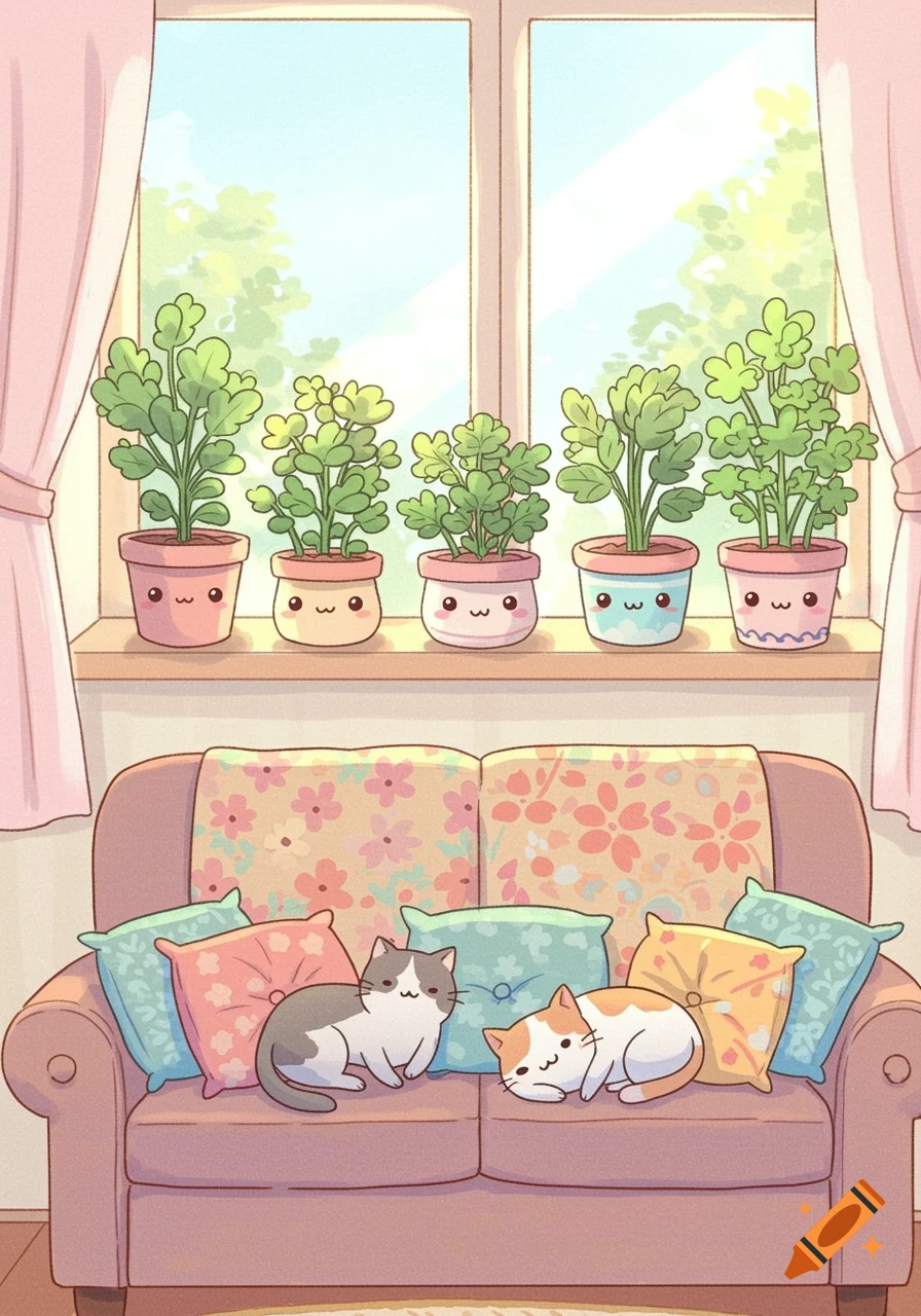Cute kawaii drawing of two cats on a sofa with pillows, under a window sill filled with potted plants.
