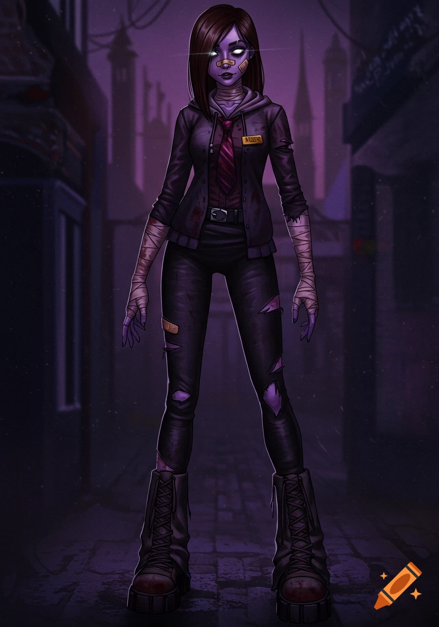 A tall British girl with purple skin, dark hair, glowing white eyes, bandages, and ripped clothes stands in a dark alley.