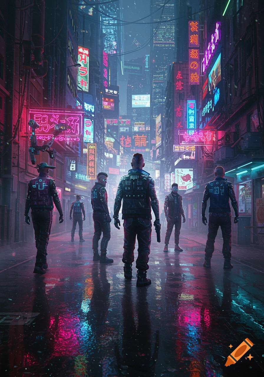 A group of futuristic gang members stand on a wet street at night, surrounded by neon signs in a rainy cyberpunk city.