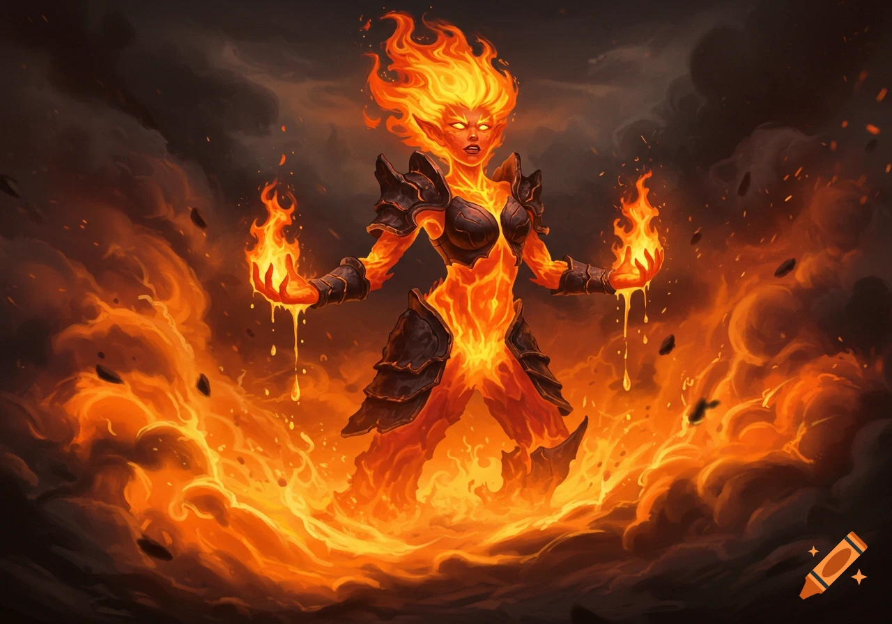 A powerful female fire elemental warrior in armor conjures flames amidst a fiery, stormy background.