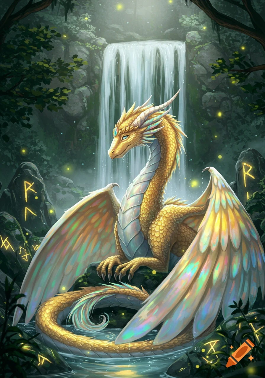 A majestic golden dragon with iridescent wings sits by a waterfall in a lush, magical forest, with glowing runes on nearby rocks.