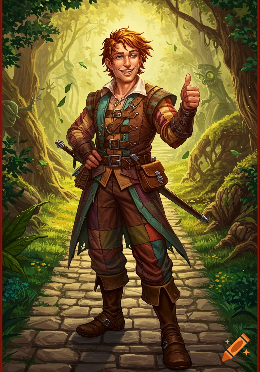 A smiling D&D bard with red hair gives a thumbs up on a forest path, in an illustrated fantasy style.