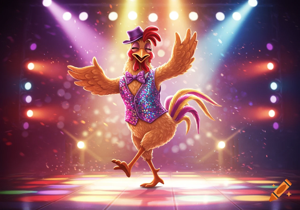 A funny cartoon chicken dancing on a disco stage, wearing a purple hat and a colorful, sequined vest and bow tie.