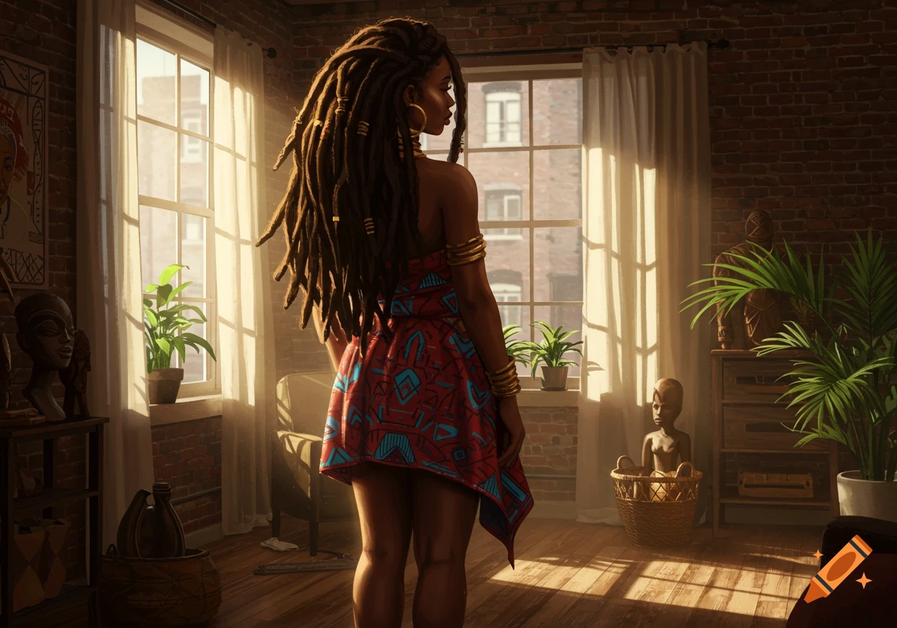 A Black woman with dreadlocks looks out a sunlit window in a room with brick walls and cultural decor.