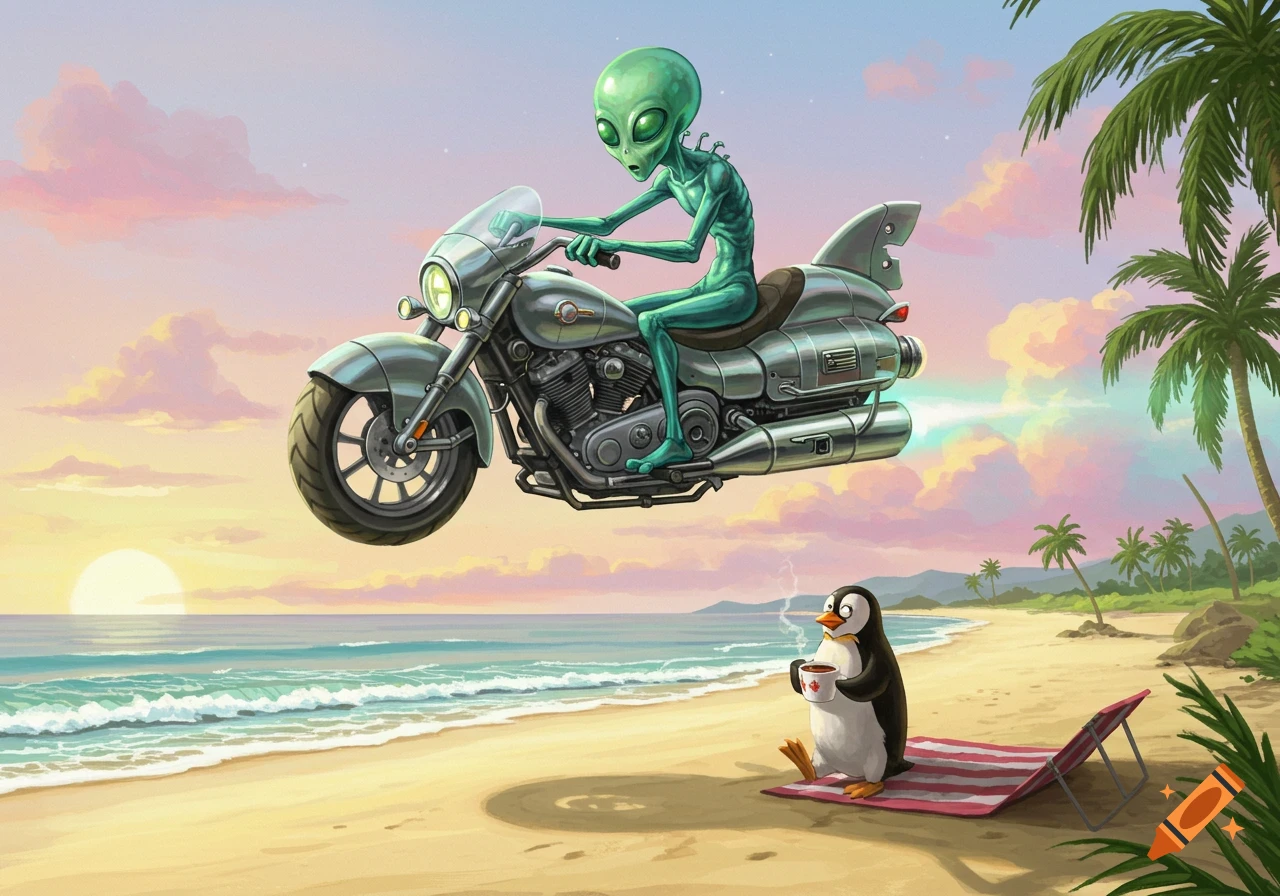 A green alien on a flying motorcycle spaceship above a beach with a penguin drinking coffee.