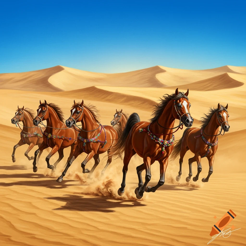 A group of brown horses with ornate harnesses gallop across a sandy desert under a clear blue sky.