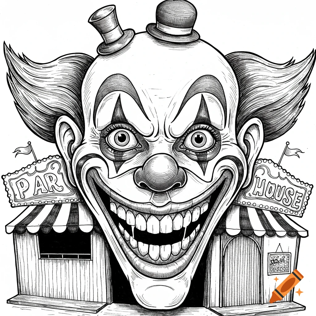 A black and white ink drawing of a creepy clown head with its wide mouth forming the entrance to a fun house, with signs reading "PAR" and "HOUSE" on either side.