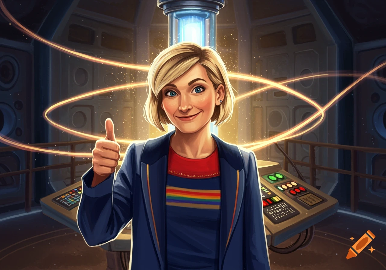 Cartoon illustration of the 13th Doctor with blonde hair giving a thumbs up in a futuristic control room.