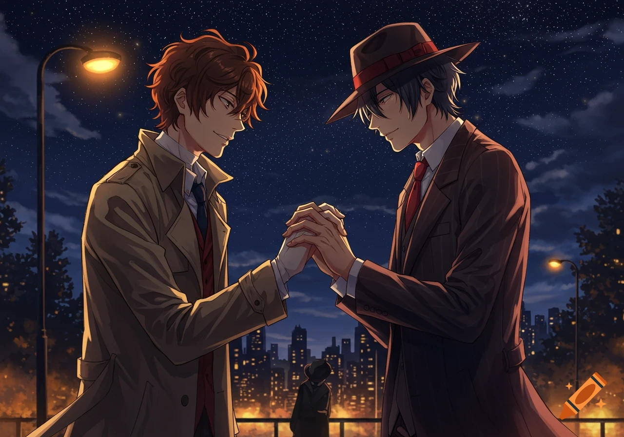 Two anime men with dark hair, one in a trench coat and the other in a pinstripe suit and fedora, holding hands on a street at night with a city skyline in the background.