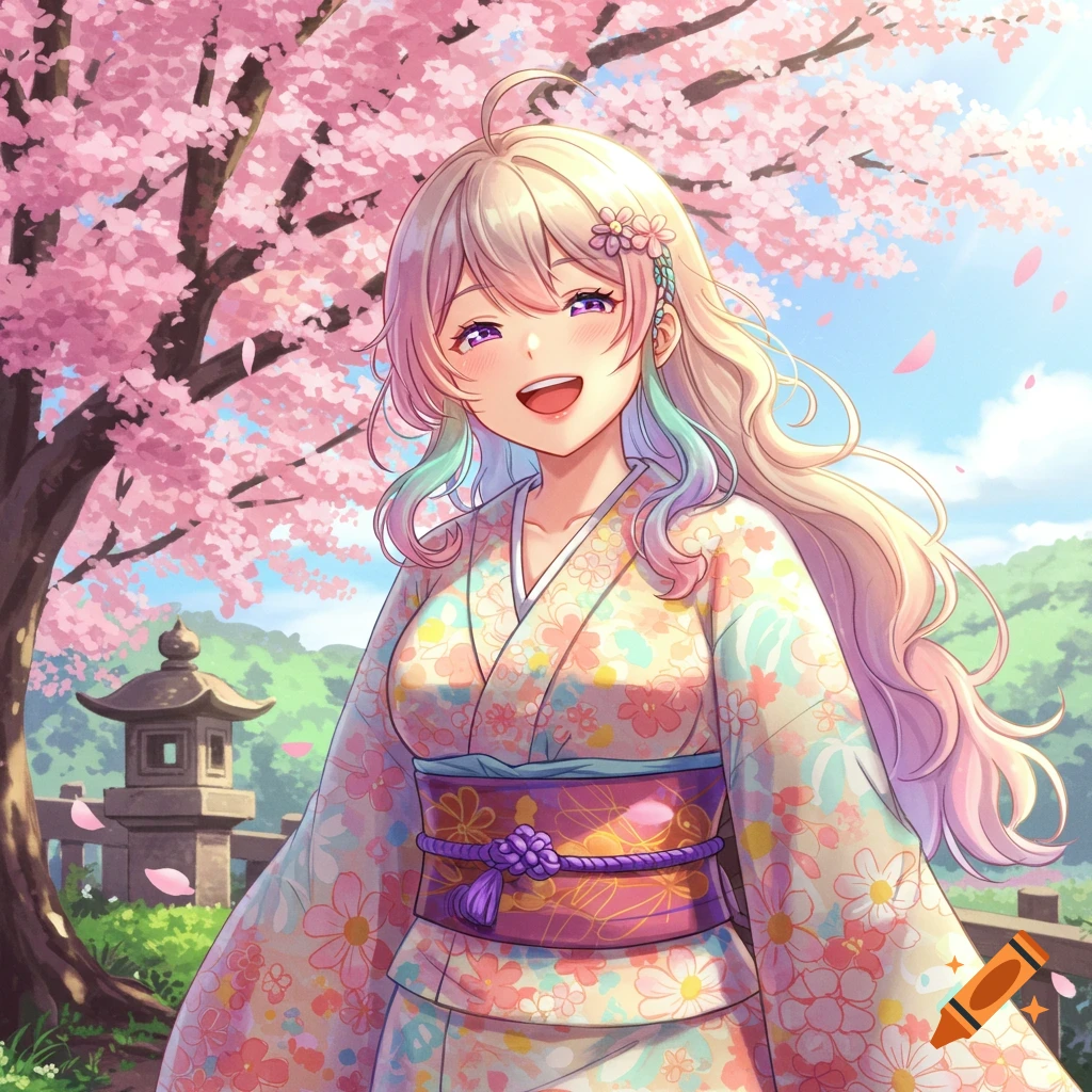 Smiling anime girl in a floral kimono under a blossoming cherry tree in a Japanese garden setting.