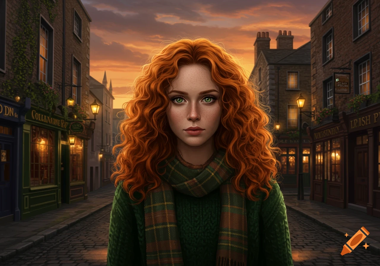 A digital drawing of a red-haired woman with green eyes in a plaid scarf on a cobblestone street at sunset, with old buildings.