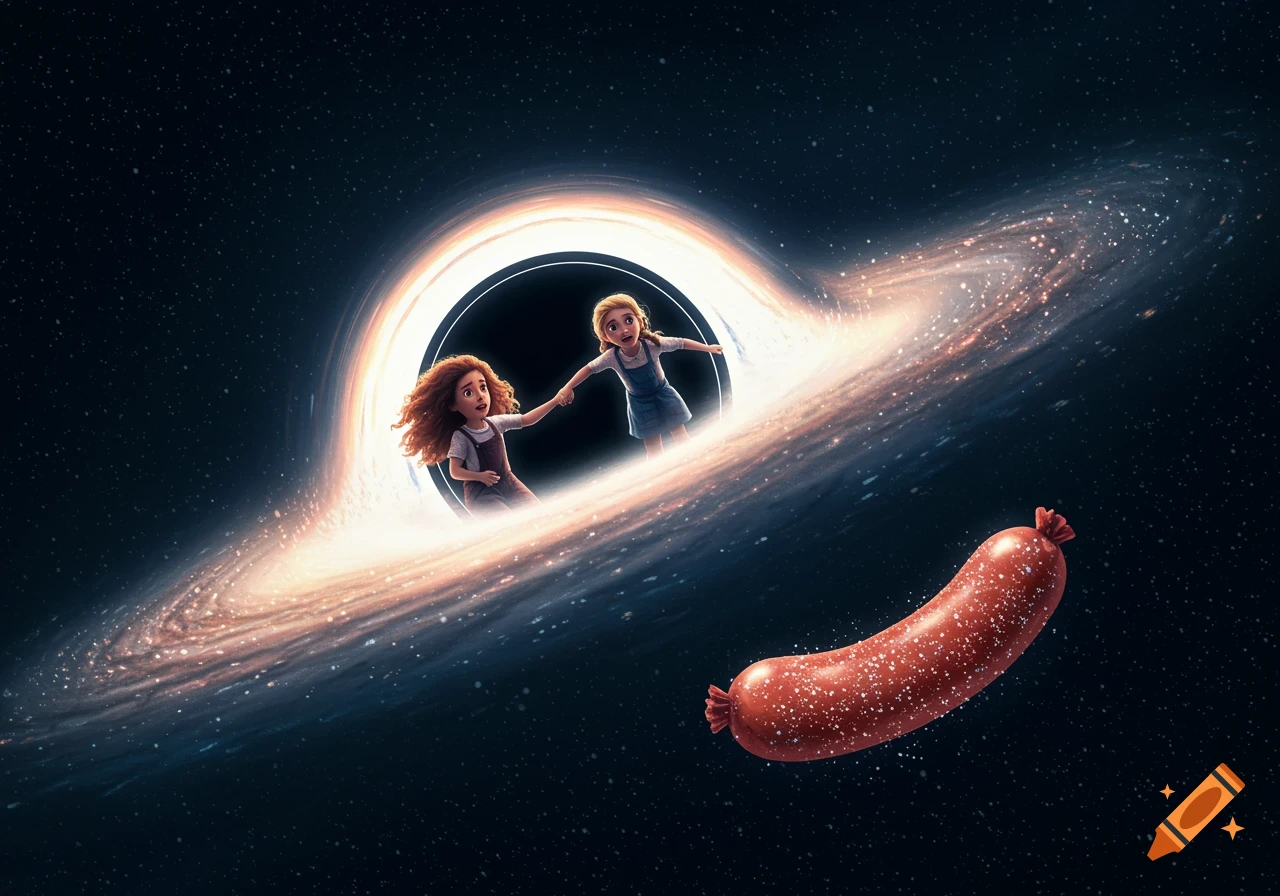 Two cartoon girls hold hands near a swirling black hole in space as a floating red sausage drifts nearby.