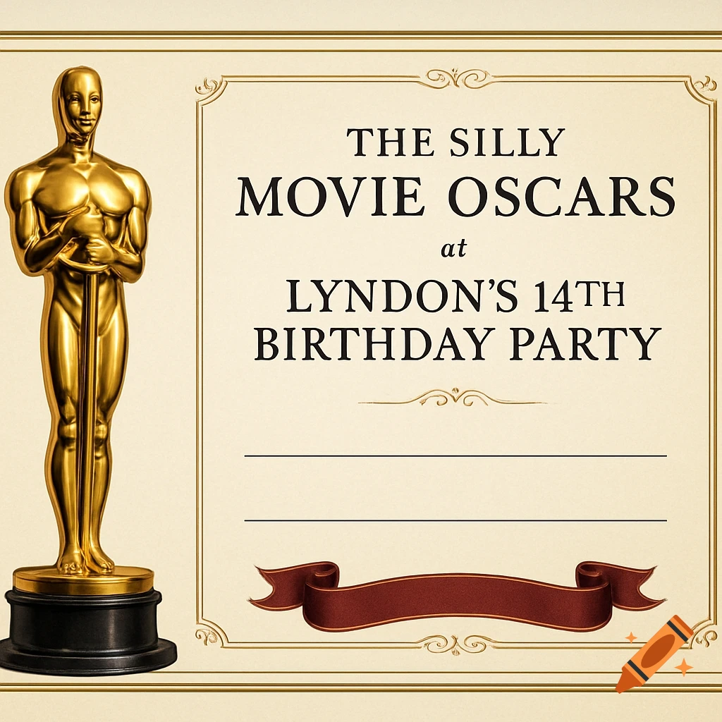 A golden Oscar trophy on an award certificate for 'The Silly Movie Oscars at Lyndon's 14th Birthday Party'.