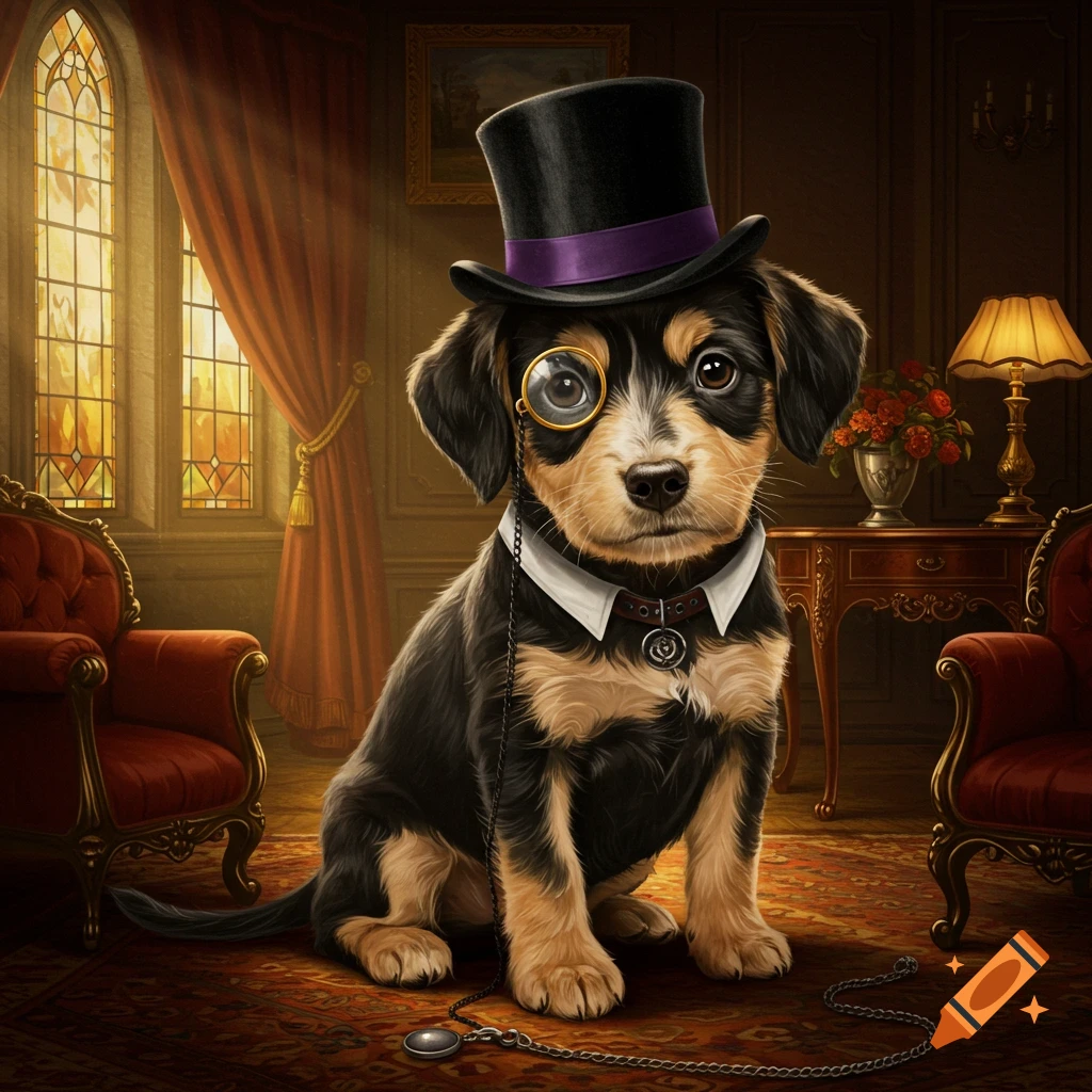 A sophisticated puppy wearing a black top hat and a monocle sits on a patterned rug in a lavish room with stained glass windows.