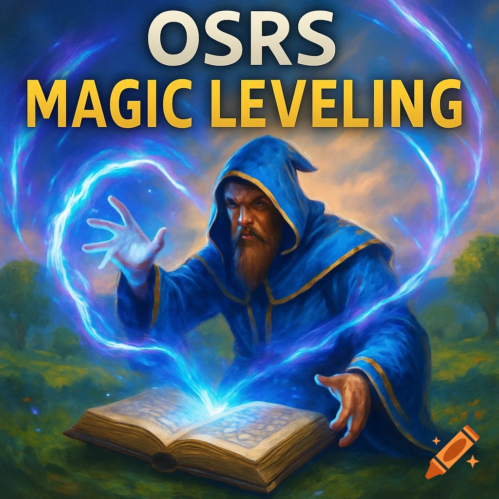 A bearded wizard in a blue robe casts a spell from a glowing book in a grassy field, with "OSRS MAGIC LEVELING" text above.