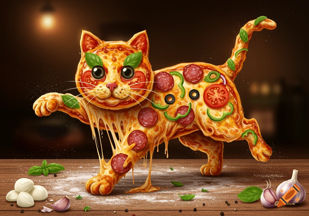 Whimsical pizza cat with melted cheese, pepperoni, and toppings on a wooden table with basil, garlic, and mozzarella.