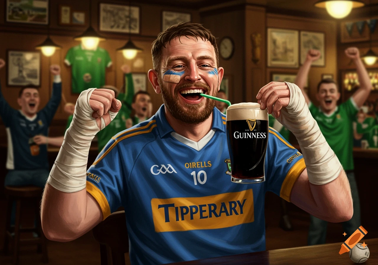 A jubilant man in a blue Tipperary hurling jersey with bandaged arms drinks Guinness through a straw in a lively pub, surrounded by cheering fans.