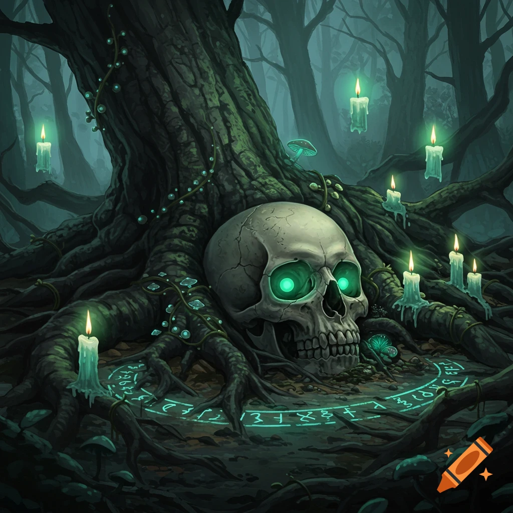 A stylized human skull with glowing green eyes rests among gnarled tree roots in a dark, misty forest. Lit candles and glowing magical symbols surround it.