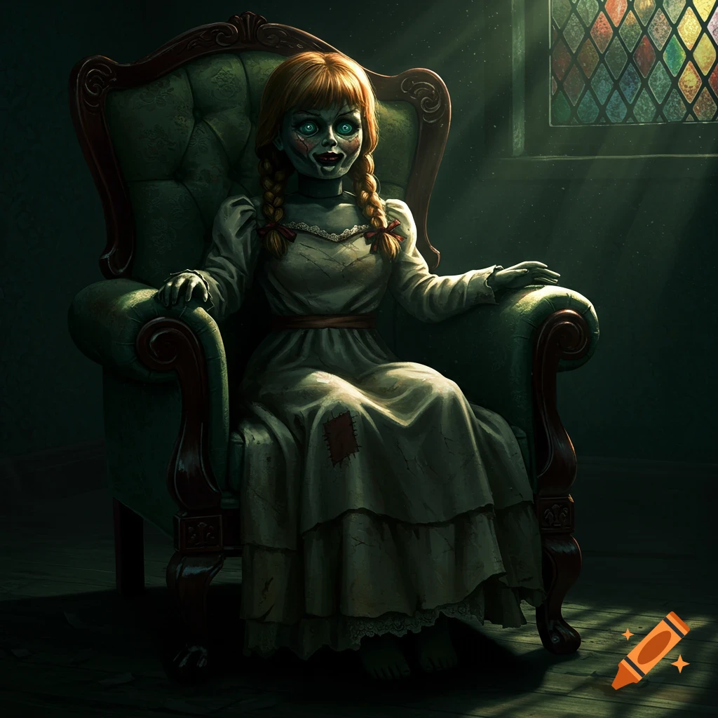A creepy Annabelle doll with green eyes sits in an ornate green armchair in a dimly lit room with a stained glass window.