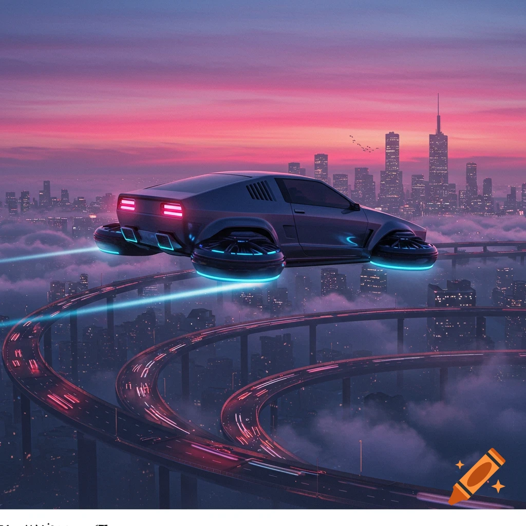A futuristic flying car with neon blue lights hovers above a sprawling cityscape with winding elevated highways under a vibrant pink and purple sunset.