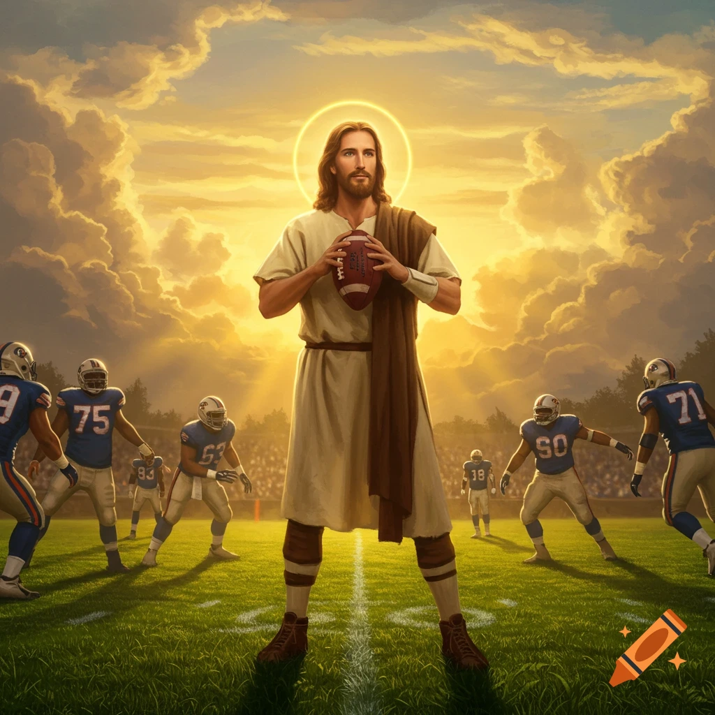 Jesus Christ, with a halo, stands on a football field holding a football, surrounded by football players and a stadium under a golden sky.