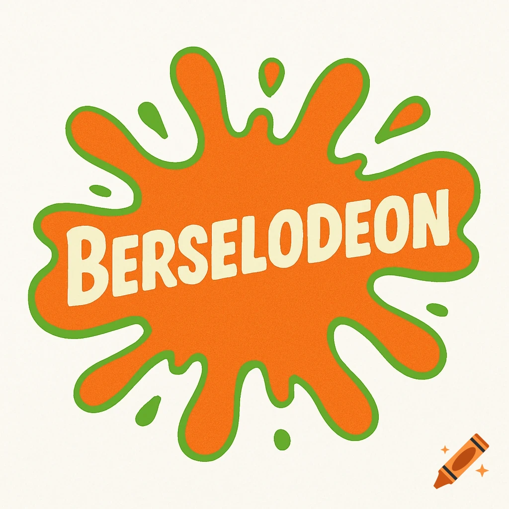 An orange splat with a green outline, reminiscent of the Nickelodeon logo, features the word "BERSELODEON" in cream-colored text.