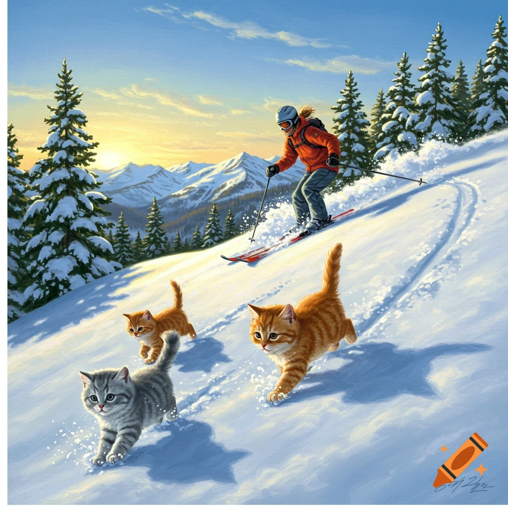 A person skis down a snowy mountain slope with three kittens running in the snow, surrounded by pine trees and mountains at sunset.