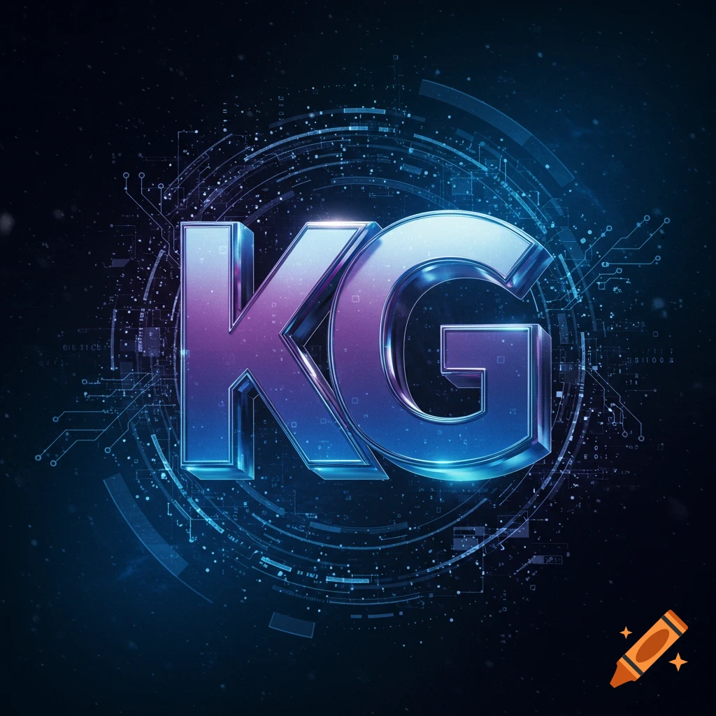 3D metallic letters KG glowing purple and blue on a dark, futuristic tech background.
