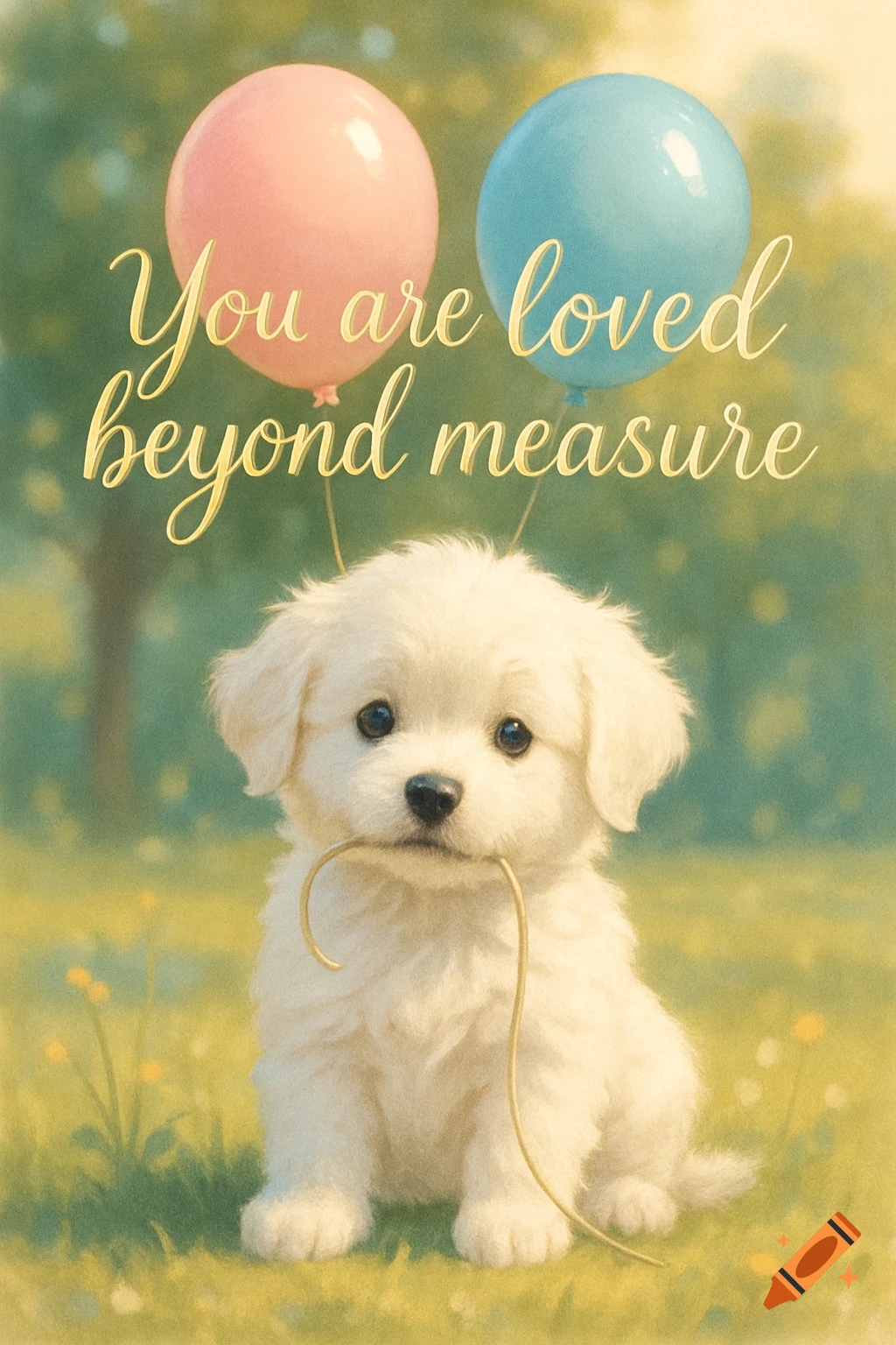 A fluffy white puppy sits in a field, holding a string from pink and blue balloons. The text "You are loved beyond measure" floats above.