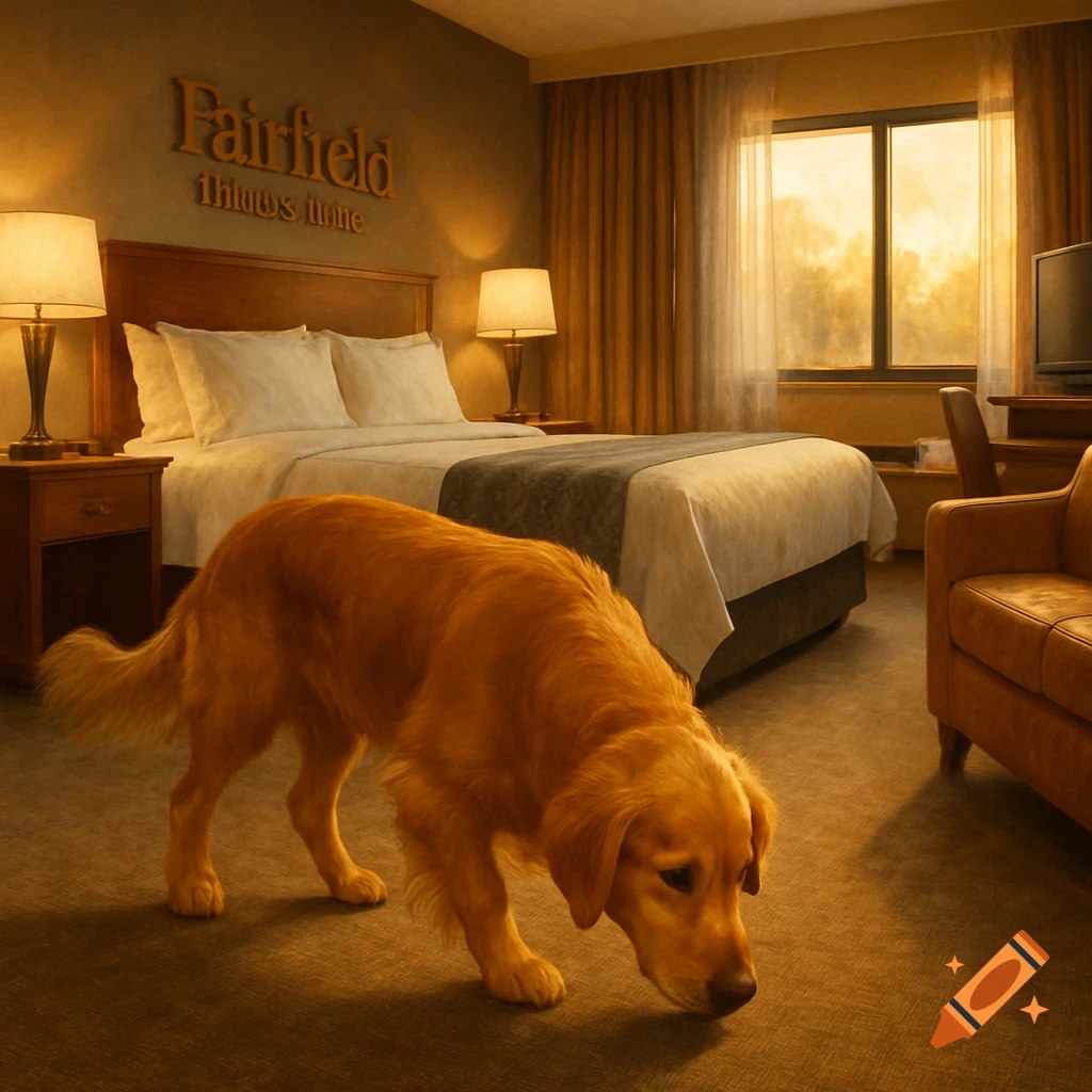 A photorealistic image of a golden retriever sniffing the carpet in a warmly lit hotel room with a bed and window.