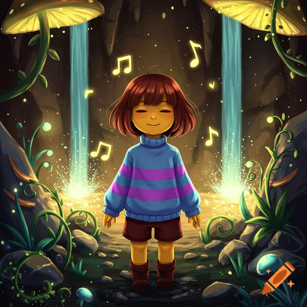 Frisk from Undertale stands in a glowing cave with musical notes floating around them, surrounded by luminous mushrooms and waterfalls.
