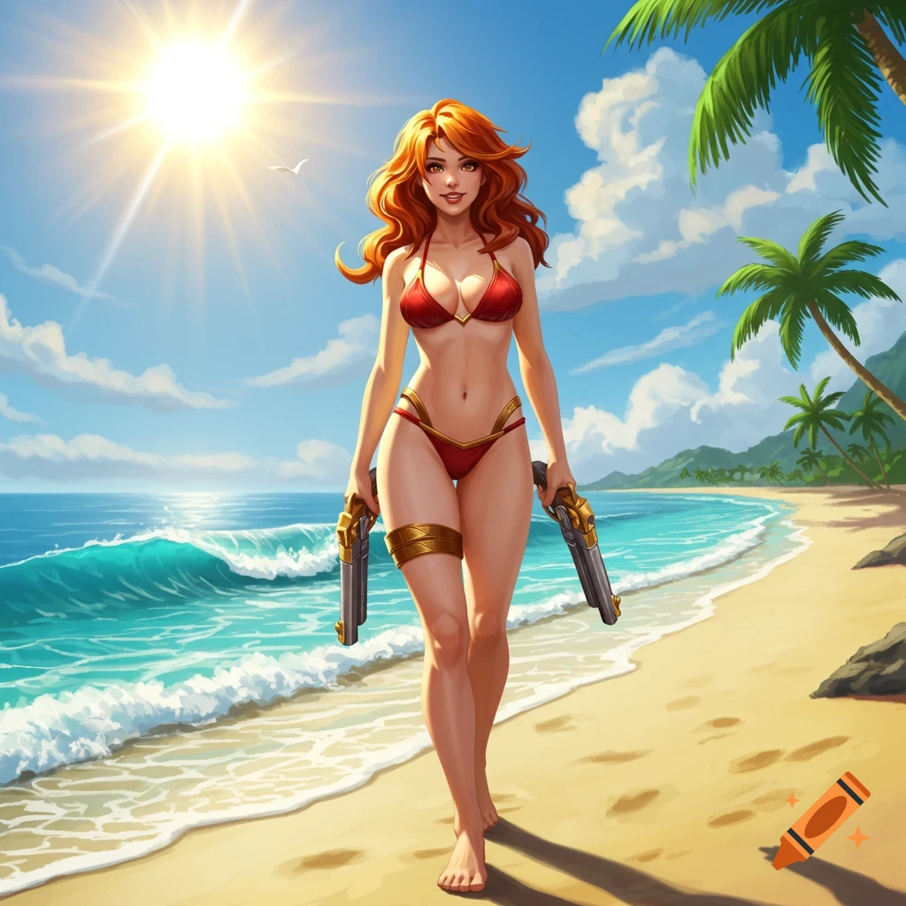 A red-haired woman in a red bikini holding two pistols walks along a sunny beach with palm trees and ocean waves.