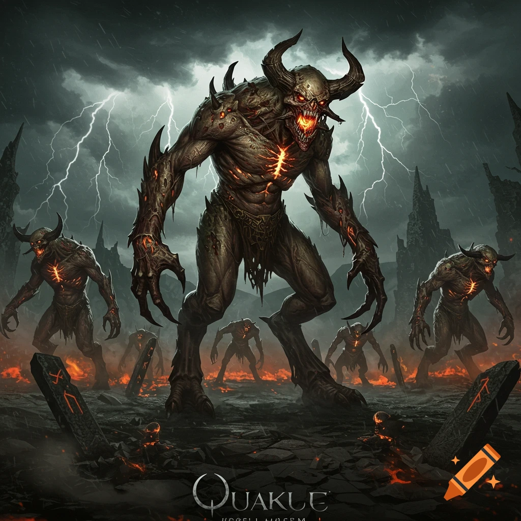 A large horned demon with glowing chest and eyes stands in a stormy, volcanic landscape with lightning, surrounded by smaller demons.