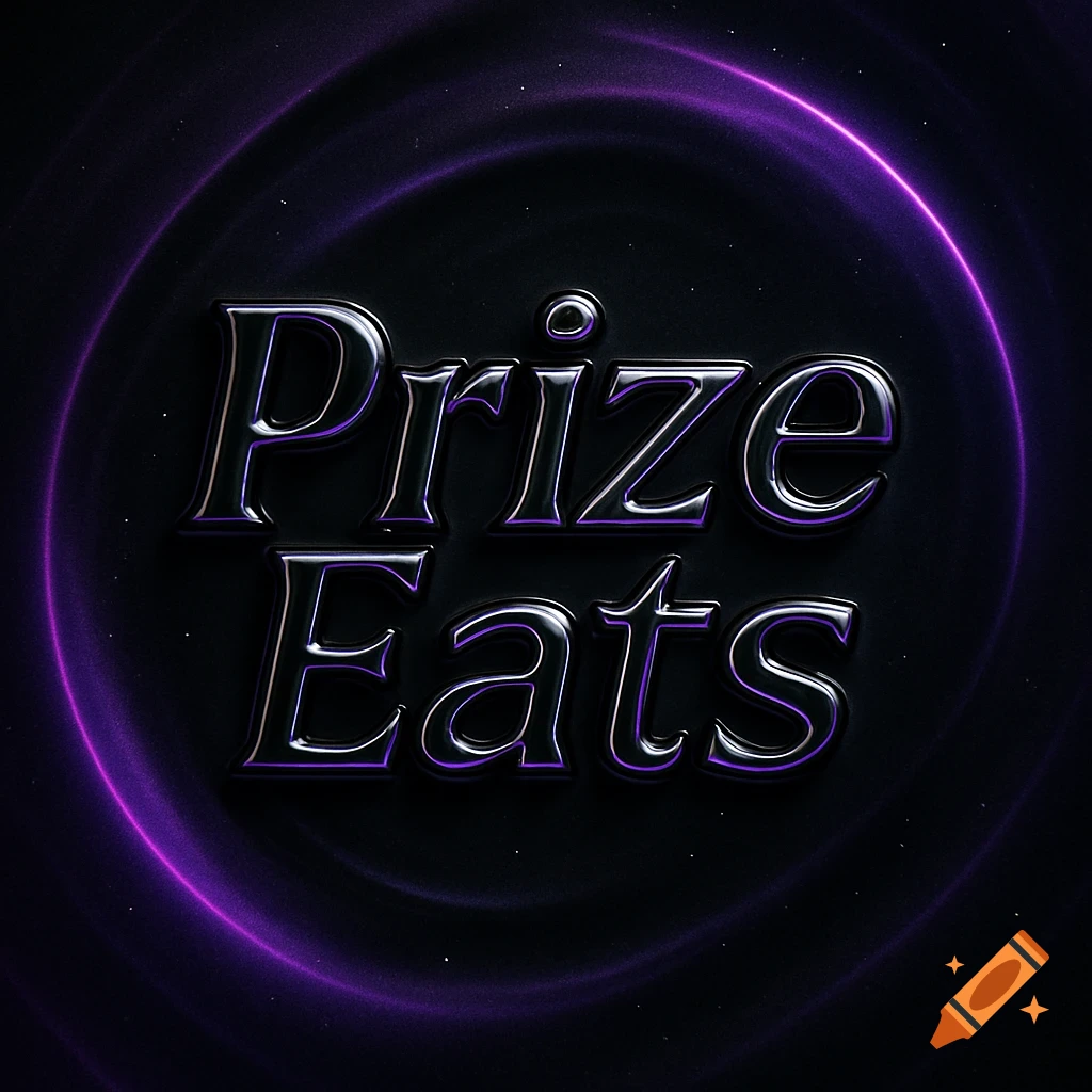 The words "Prize Eats" in glossy, dark metallic letters with purple outlines and a purple glow, on a black background with subtle purple rings.
