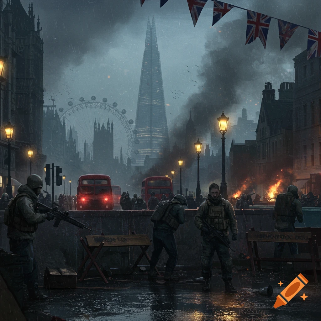 Soldiers stand on a rainy, smoke-filled street during a civil war in London, with the Shard and London Eye in the background and red double-decker buses in the street.