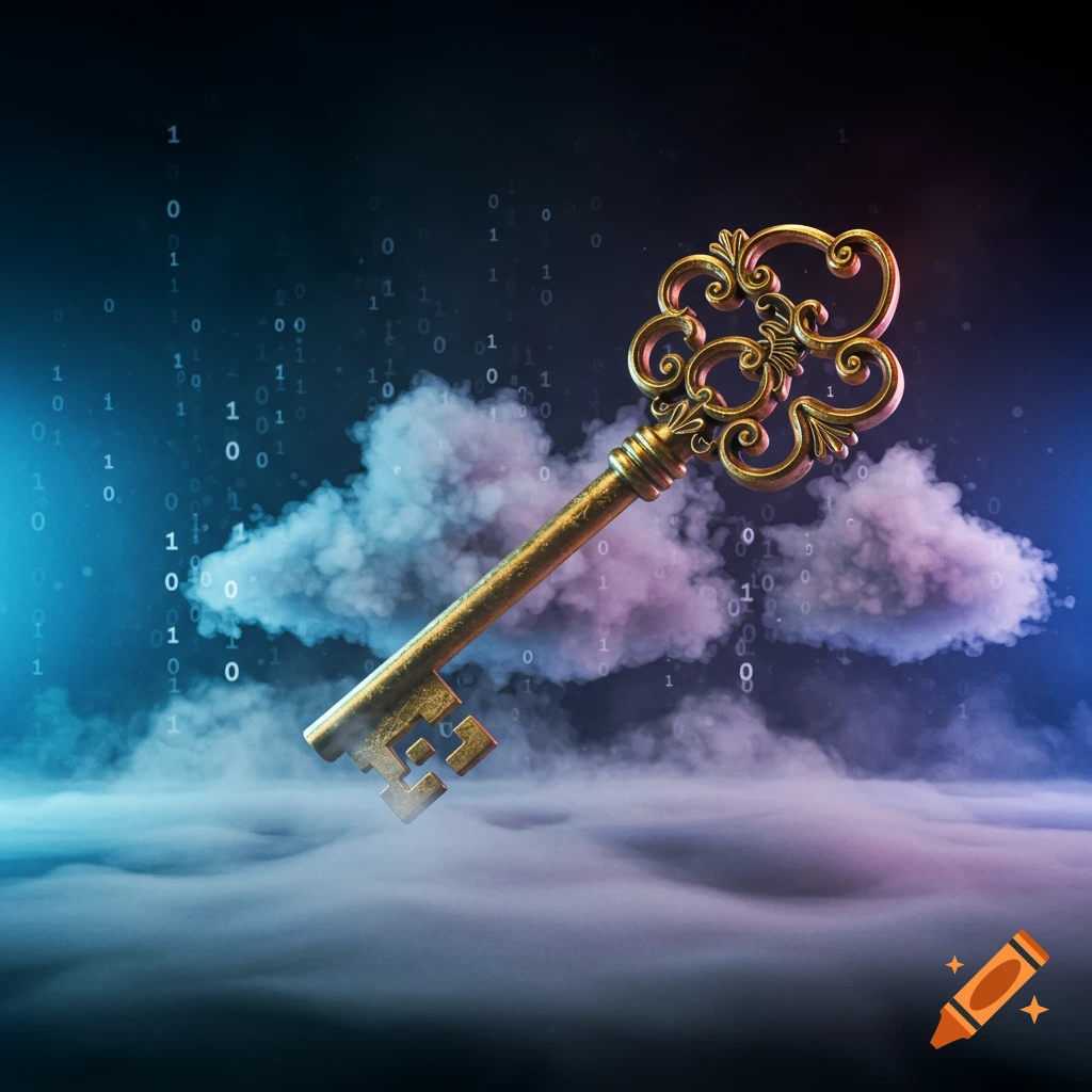 An ornate golden key floats amidst blue and purple clouds with binary code in the background.