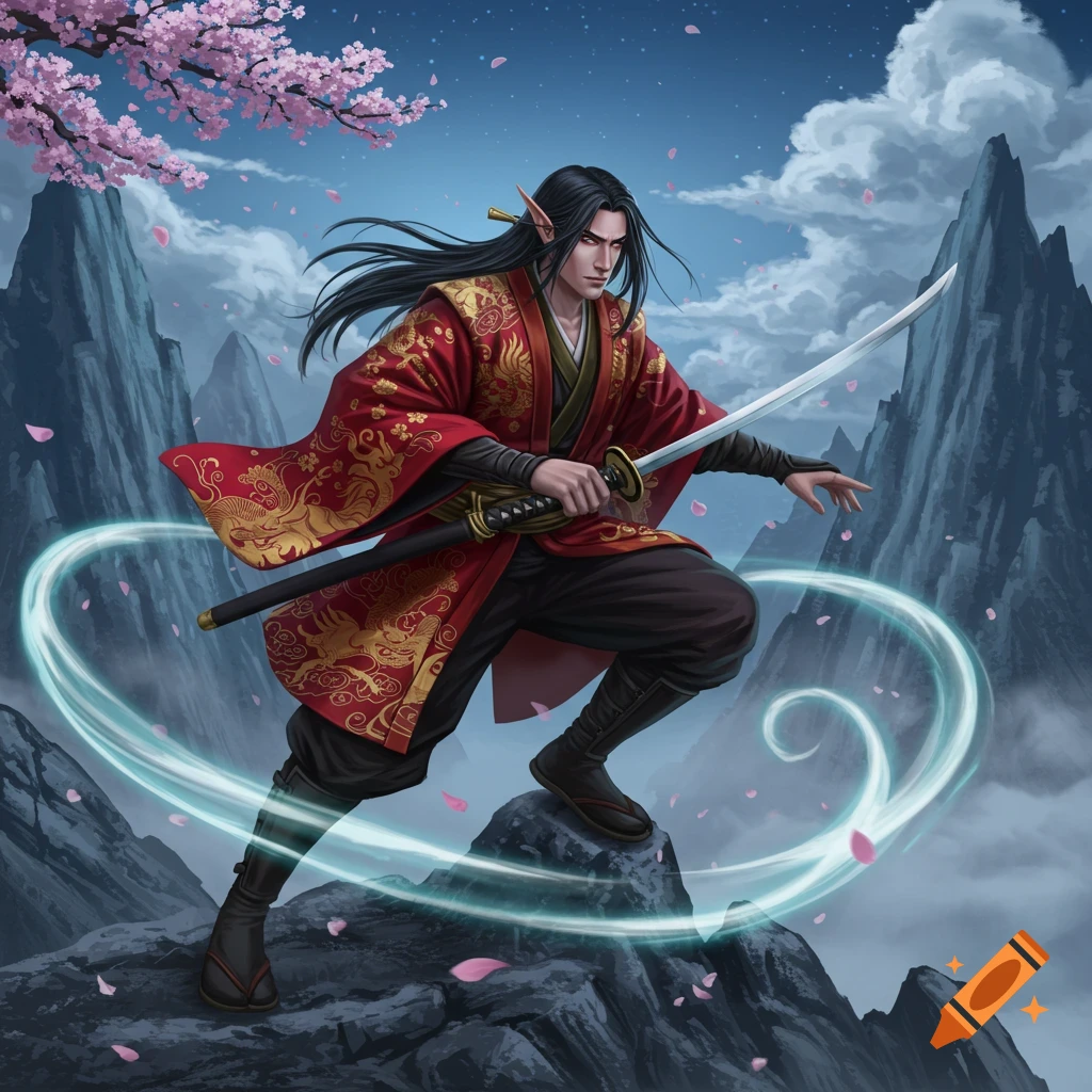 An anime-style male elf warrior in red and gold robes poses with a katana in a mountainous, cherry blossom landscape under a starry sky.