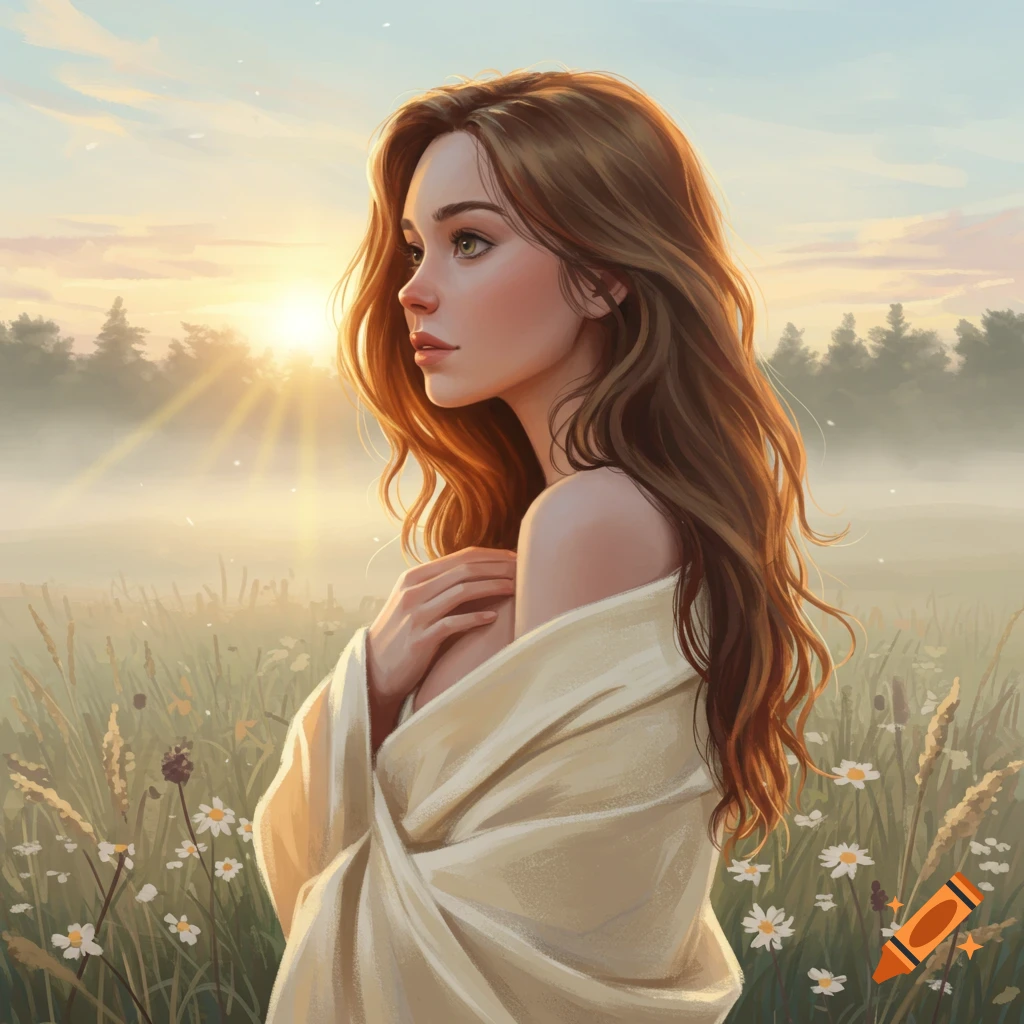 A young woman with flowing brown hair, wrapped in white fabric, stands in a field of wildflowers at sunrise in a digital painting style.