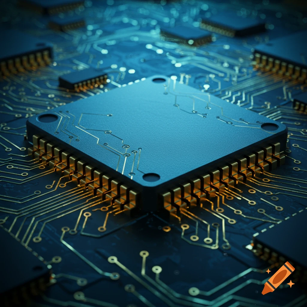 A detailed, close-up, photorealistic view of a computer chip with golden pins mounted on a blue circuit board.