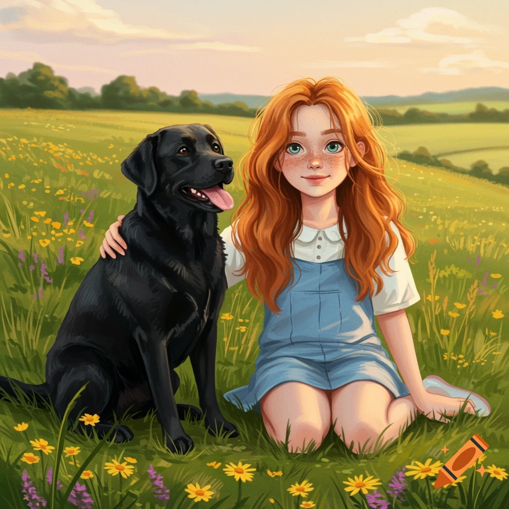 An illustrated girl with auburn hair and freckles sitting with a black Labrador in a sunny field of wildflowers.