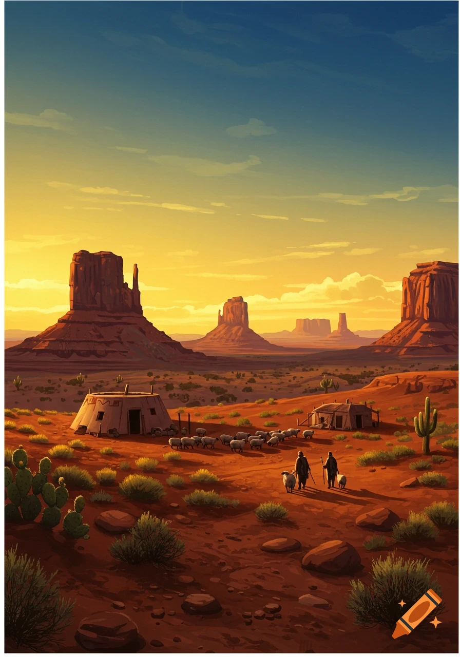 Stylized illustration of a vast desert landscape at sunset, with red mesas, a Hogan, two figures herding sheep, and cacti.