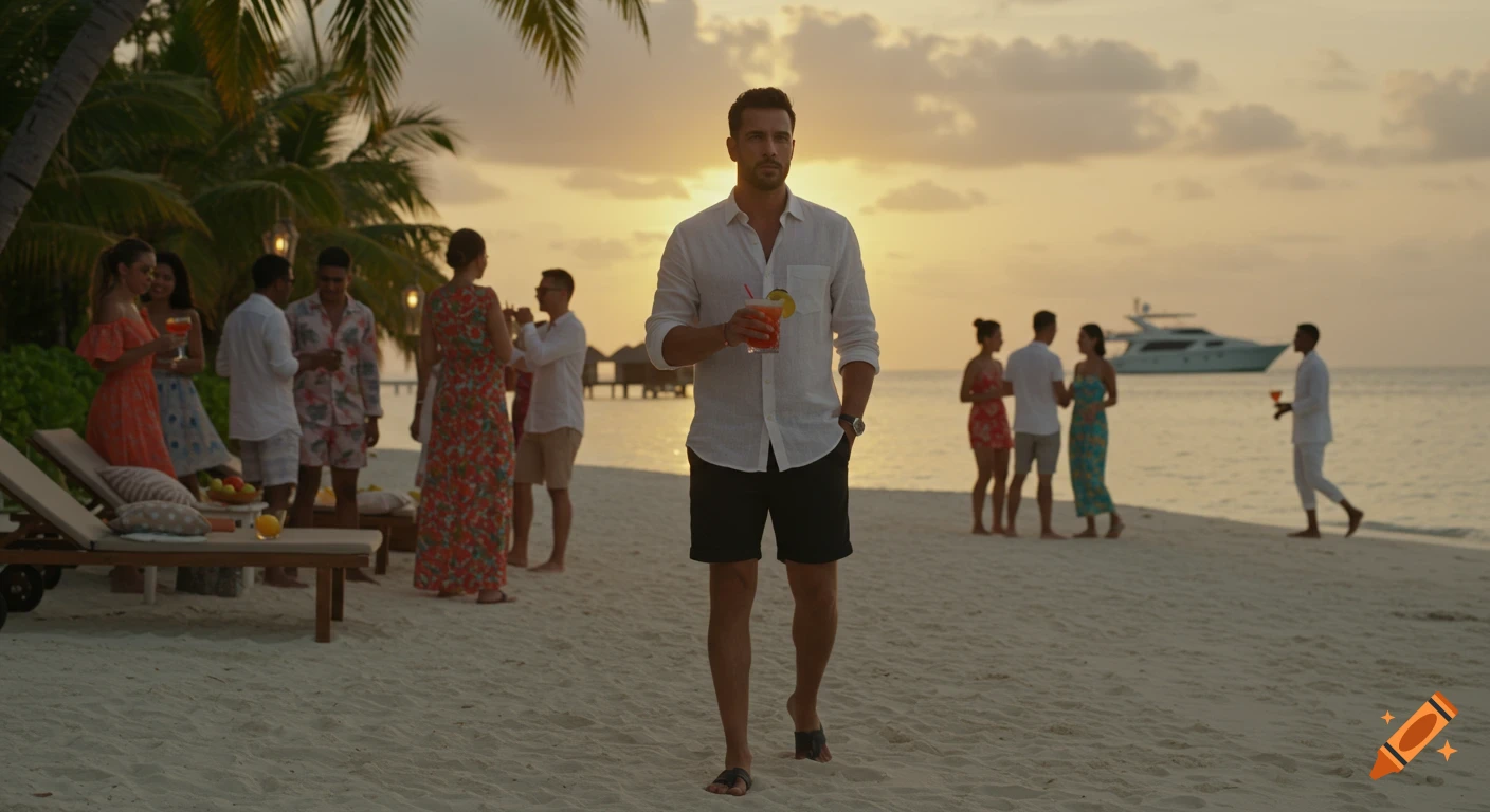 A stylish man walks on a tropical beach at sunset, holding a cocktail, with people, palm trees, and a luxury yacht in the background.