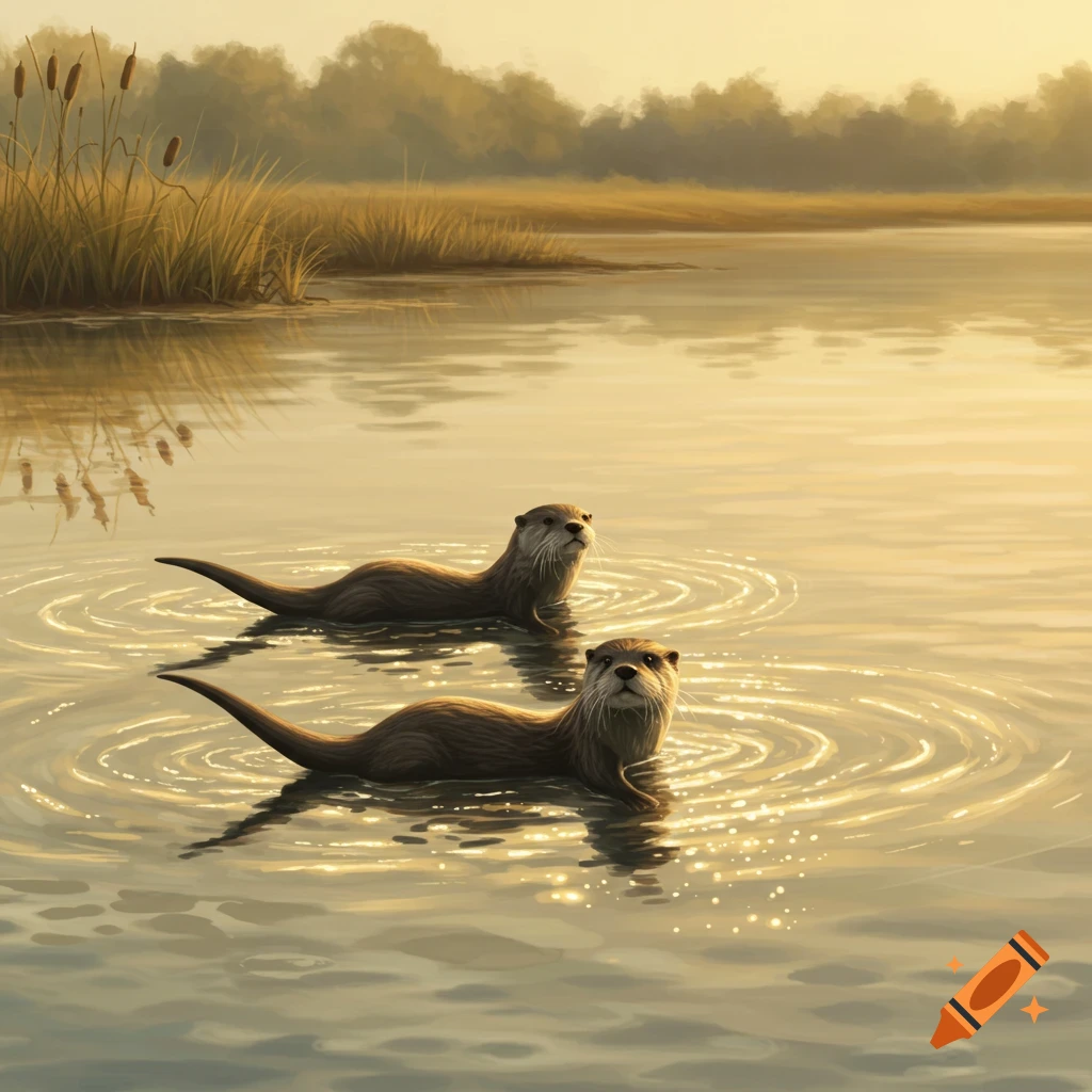 Two brown otters swim in still golden water, creating ripples, with a reedy shore and trees in the background at sunset.